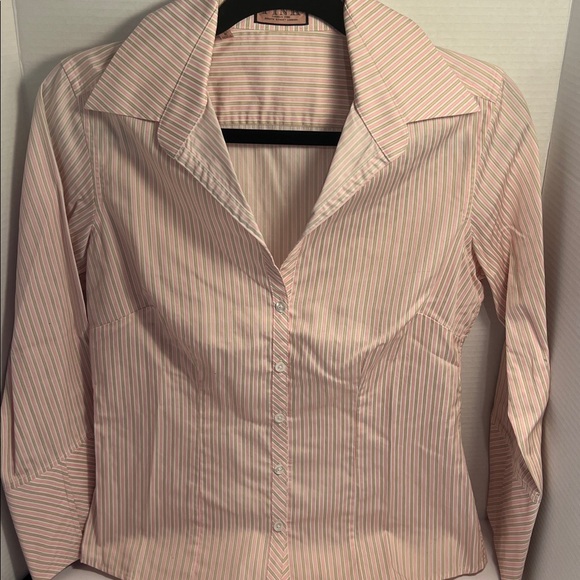 Thomas Pink Shirt Women’s 4 Button Up Pink Striped French Cuffs Collared Career - Picture 1 of 10